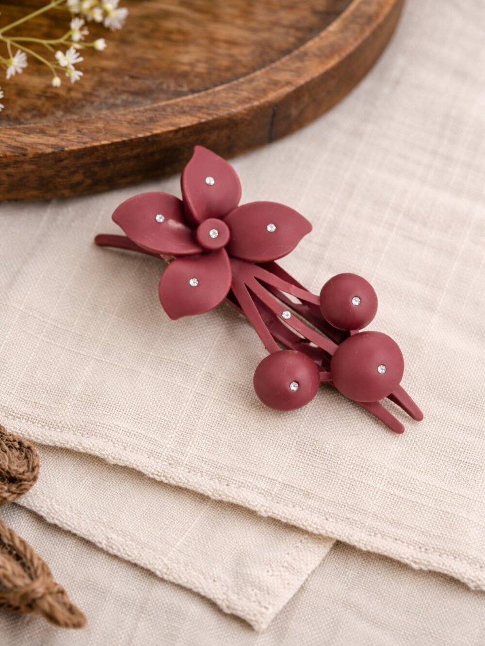 Burgundy Floral Hair Clip Rhinestone Accent Matte Finish Statement Barrette
